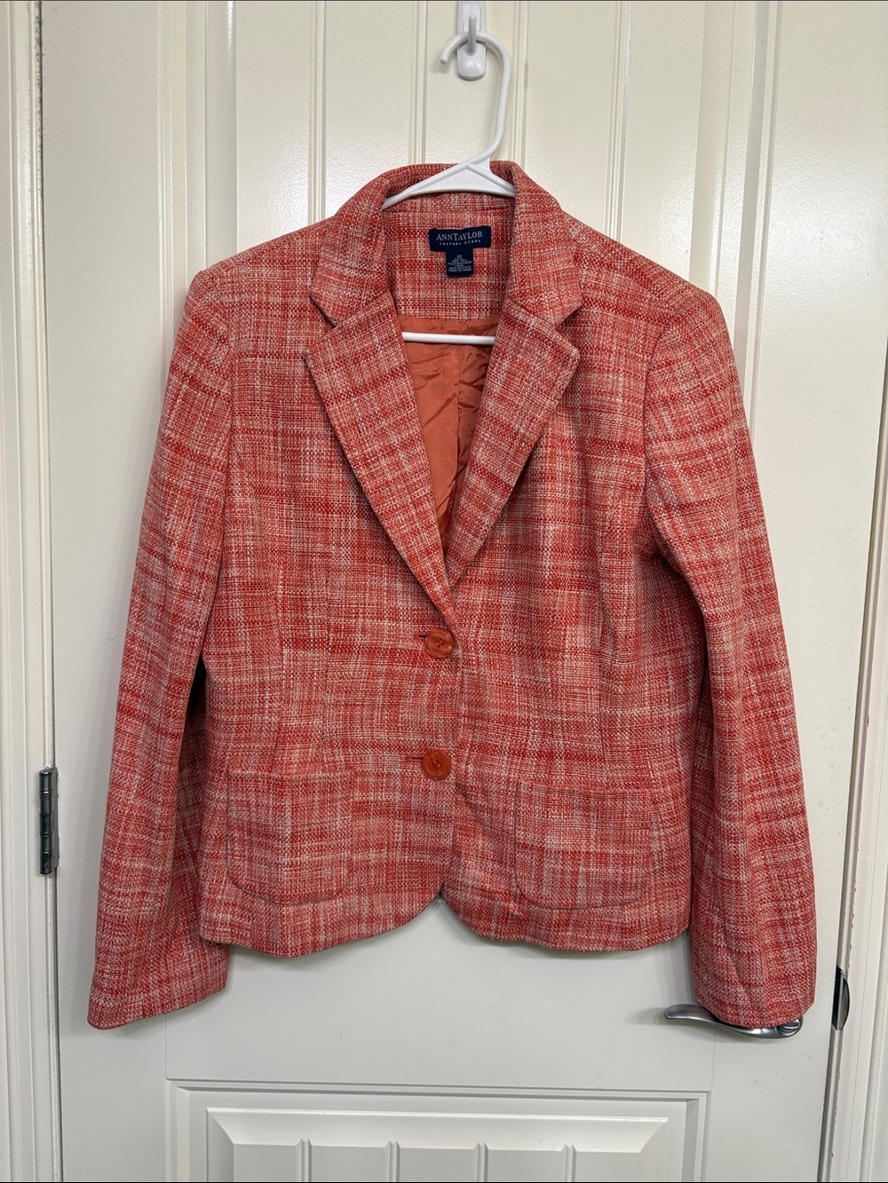 Ann Taylor Coral Plaid Two-Button Blazer